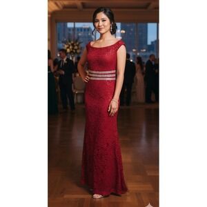 Vintage 90s La Scala Red Sequin Rhinestones Lace Maxi Dress Juniors L / Womens S